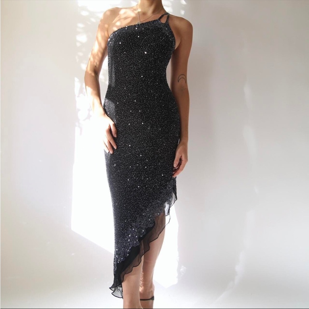 Scala vintage one shoulder silk beaded dress - XL